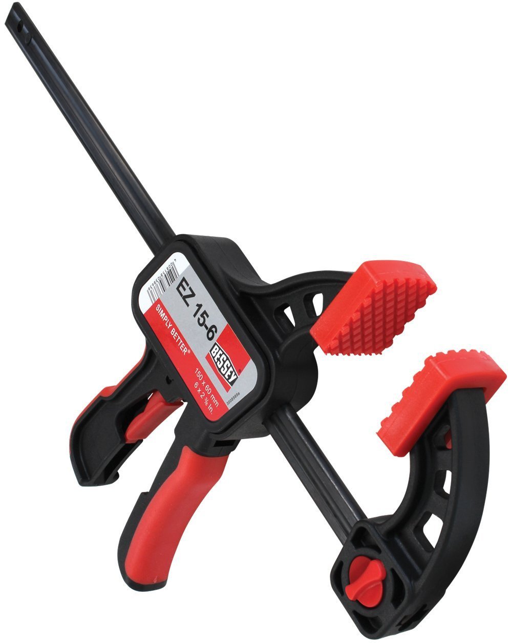 One Handed Trigger Clamp for Compressing & Spreading 6" Capacity x 2 3/8" Throat Depth, Red/Black